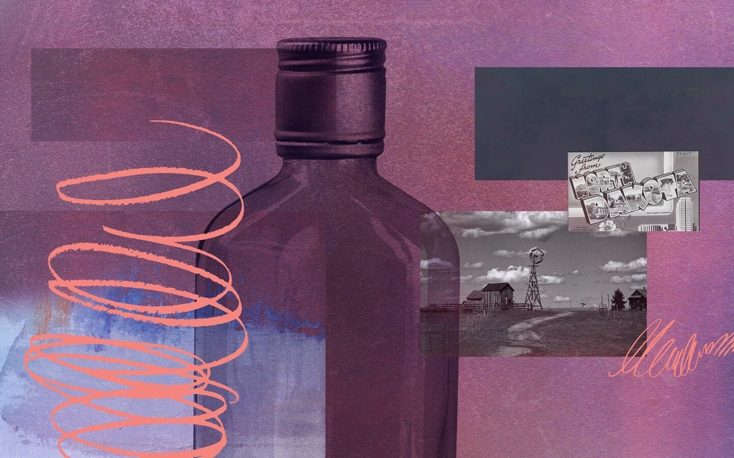 Collage featuring alcohol bottle, North Dakota landscape, and textures